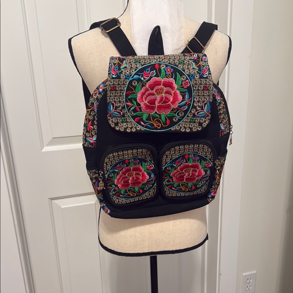 Black and Pink Sporty Backpack with Embroidered Designs